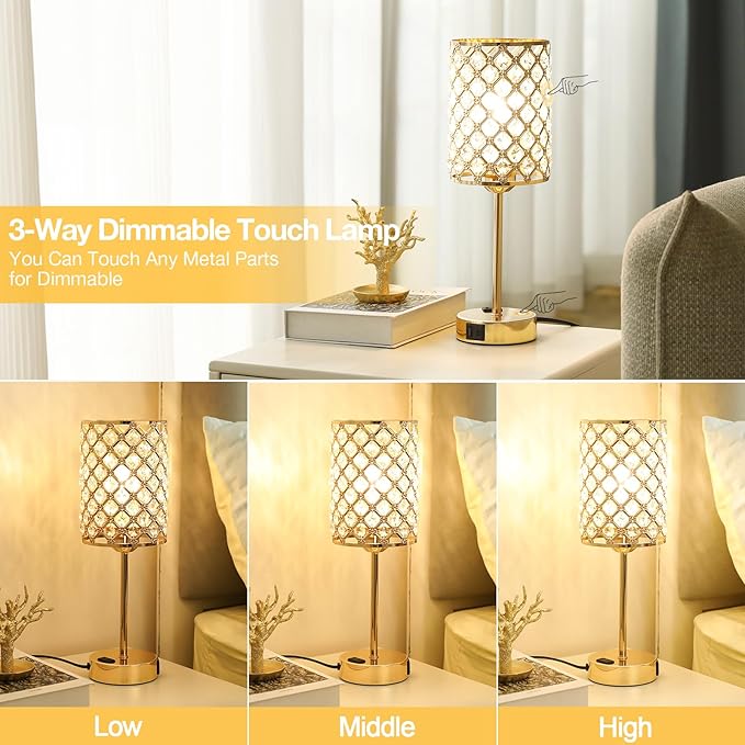 Hong-in Gold Lamps for Night Stands-Crystal Table Lamp with USB-C+A & AC Charging Ports, 3-Way Dimmable Nightstand Touch Lamp, Bedside Desk lamp for Bedroom Living Room Home Office