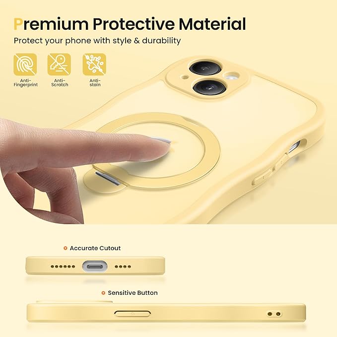 CAPRARO for iPhone 15 Plus Case with 360° Spin Magnetic Stand for Women, [Compatible with MagSafe] [Full Camera Protection] Cute Wave Translucent Matte Case for iPhone 15 Plus, Jasmine Yellow