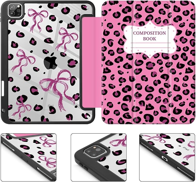 Mektron Case for iPad Pro 11 inch (4th, 3rd, 2nd & 1st Gen) 2022 2021 2020 2018, Buit in Pencil Holder with Shockproof Cover Clear Shell + Auto Wake/Sleep, Composition Book-Bows