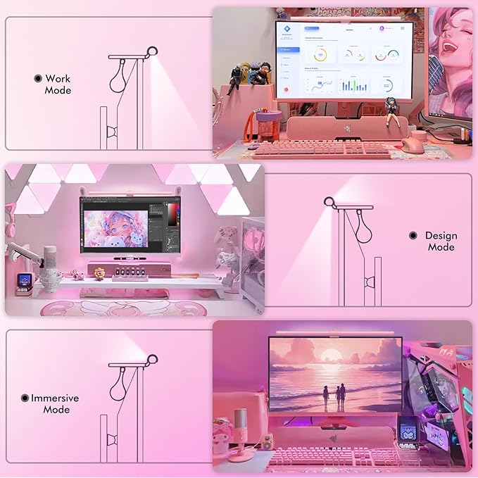 Quntis Pink Monitor Light Bar with Remote, Eye-Care No Glare, Space Saving Computer Desk Lamp As Gifts for Girls, Stepless Dimming, Modern Aesthetic Desk Light Bar for Home Office, Mother's Day