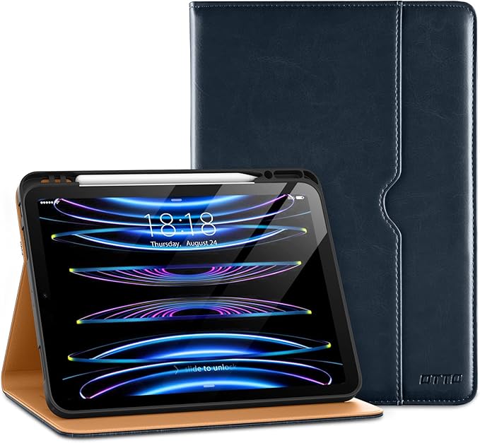 DTTO iPad Pro 12.9 6th / 5th / 4th / 3rd Generation Case 2022/2021/2020/2018, Premium Leather Folio Stand Cover with Built-in Apple Pencil Holder -Auto Wake/Sleep and Multi Viewing Angles,Blue