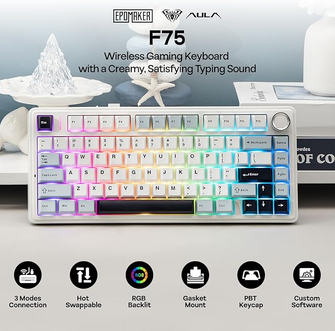 EPOMAKER x Aula F75 Gasket Mechanical Keyboard, 75% Wireless Hot Swappable Gaming Keyboard with Five-Layer Padding&Knob, BT/2.4GHz/USB-C, RGB (Light Blue, Ice Vein Switch)