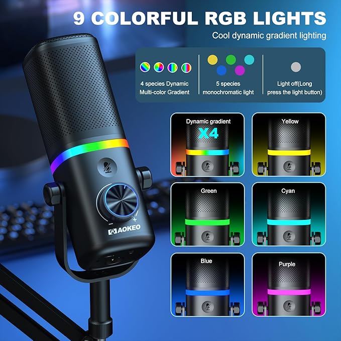 Aokeo AK-10 USB Gaming Microphone Wtih AK-35 Arm, Condenser Microphone for PC/MAC/PS4/PS5/Phone-Cardioid Mic with RGB Lighting