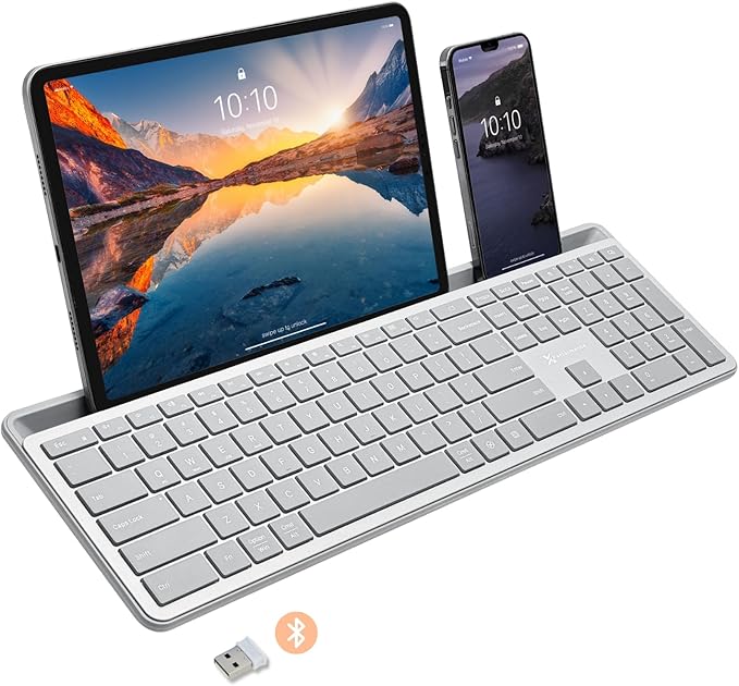 X9 Full-Size Bluetooth Keyboard with Phone Holder – Backlit Wireless Keyboard, Switch Multi-Device, Slim, Quiet, Rechargeable, w/Copilot AI for PC, Mac, iOS & Android (Silver)