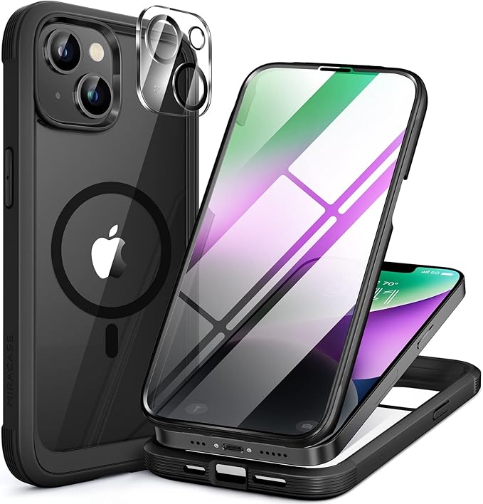 Miracase Magnetic for iPhone 14 Case 6.1",Full-Body Bumper, [Bubble Free] Built-in Tempered Glass Screen Protector+Lens Protector,Compatible with MagSafe,No Gap,Drop Proof Phone Case 14 Cover,Black