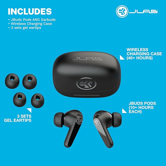 JLab, JBuds Pods ANC, True Wireless Earbuds, Active Noise Cancelling, Bluetooth Multipoint, Black