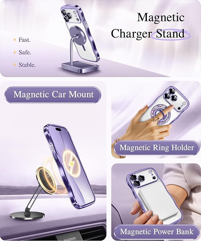 GVIEWIN for iPhone 17 Pro Max Case Compatible with MagSafe, Upgraded [Full Camera Protection][Cute Wave Frame][Military Grade Protection] Electroplated Hard Phone Cover for Women Girl, Clear/Purple