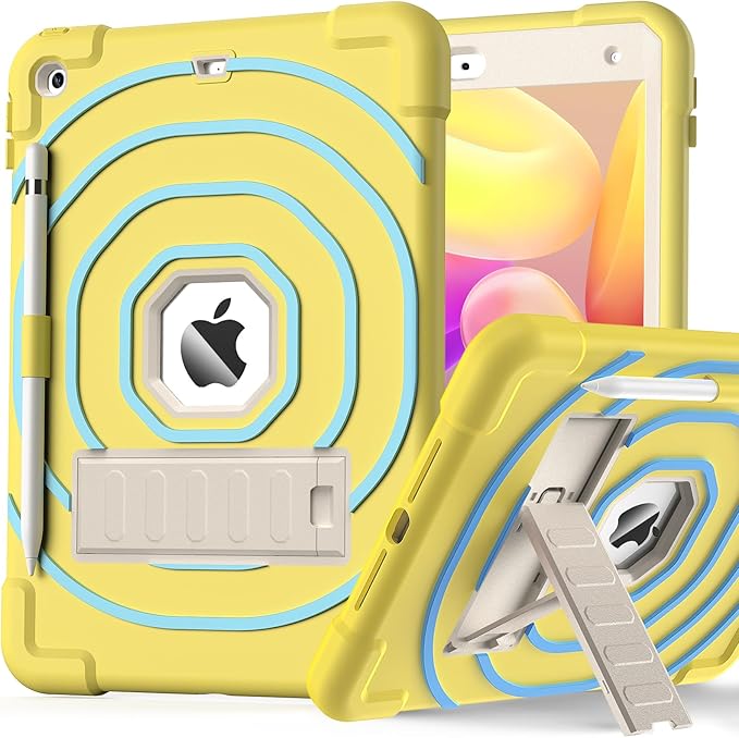 SIBEITU Kids Case for iPad 9th Generation/ 8th Gen/ 7th Gen with Pencil Holder & Stand, Fully-Body Hybrid Shockproof Rugged Drop Protective Cover for iPad 10.2 inch 2021/2020/2019 (Yellow Blue)