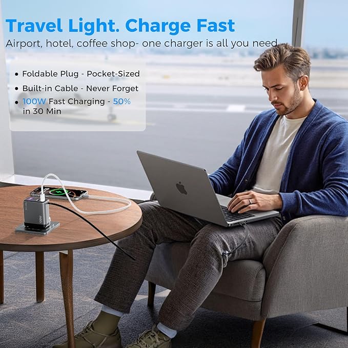 Retractable 100W USB C Charger, 3-Port GaN Fast Phone Charger with Smart Display & Touch Control, Foldable Wall Charger for iPhone 17/16, MacBook Pro/Air, iPad & More (Built-in Cable)