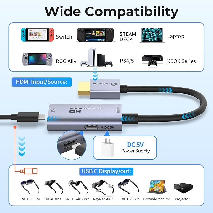 Guermok AR Glasses HDMI to USB-C Display Adapter, 4K@60Hz Play and Charge XR Converter with DC 5V, for XREAL One/Air 2 Pro/RayNeo/Rokid, Switch 2/1, Xbox1, PS4/5, Portable Monitors (Sliver)