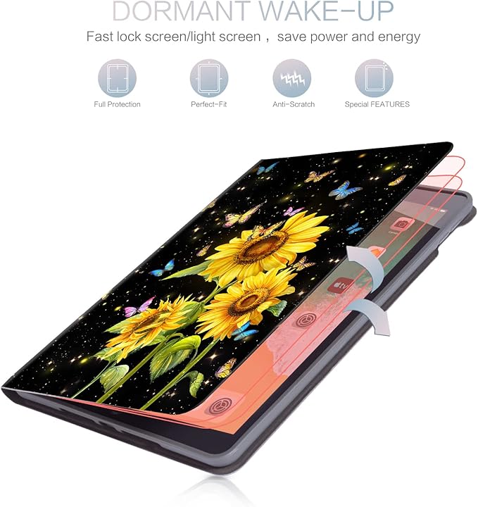 for iPad Air 2/1 Case, for iPad 5Th/6Th Generation Case 2017/2018, Slim Cover for iPad Cases 5th/6Th Generation 9.7-inch, Pencil Holder, 2 Viewing Angles, Typing Stand, Black Sunflower