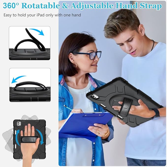 Case for iPad Air 13 Inch M4/M3/M2 (2026/2025/2024): Silicone Shockproof Case with Screen Protector - Stand - Handle - Shoulder Strap - Pen Holder- Black