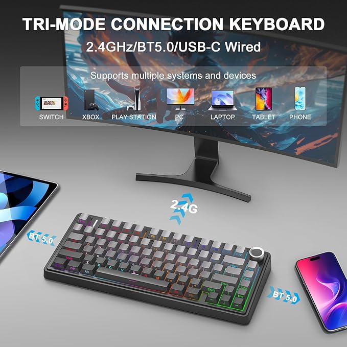 AULA F75 - 75% Wireless Mechanical Keyboard,Hot Swappable Custom Gaming Keyboard with Knob,BT5.0/2.4GHz/USB-C,RGB Backlit,Pre-lubed Reaper Switches,Double Shot PBT Keycaps,Mechanical Gaming Keyboards