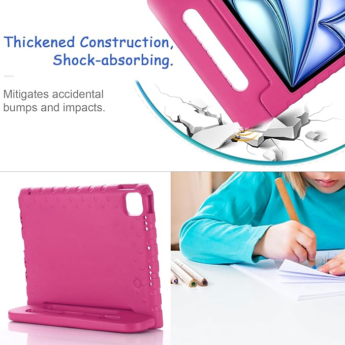 Kids Case for iPad Pro 11" M5/M4 & iPad Air 11" (2026/2025/2024) Shockproof Case with Pencil Holder, Techcircle Light EVA Foam Handle Stand Bumper Protective Child Friendly Drop Proof Cover, Rose