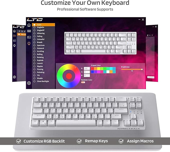 LTC NB681 Nimbleback Wired 65% Mechanical Keyboard, RGB Backlit Ultra-Compact 68 Keys Gaming Keyboard with Hot-Swappable Switch and Stand-Alone Arrow/Control Keys (Hot Swappable Brown Switch, White)