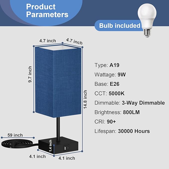 Bedside Table Lamp for Bedroom Set of 2, 3 Way Dimmable Touch Lamp with USB C+A Charging Ports, Small Nightand Lamps for Bedroom Decor, Living Room, LED Bulbs Included, Upgraded Navy Blue