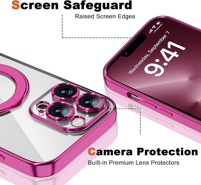 Compatible with iPhone 13 Pro Max Case with Magnetic Ring Stand [Compatible with Mag-Safe] [Full Camera Lens Protector] Soft Plating Clear Phone Case for iPhone 13 Pro Max 6.7", Rose