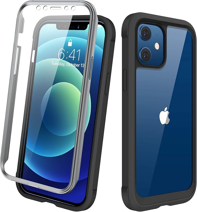 Diaclara Designed for iPhone 12 Mini Case, Full Body Rugged with Built-in Touch Sensitive Anti-Scratch Screen Protector, Soft TPU Bumper Case for iPhone 12 Mini 5.4" (Black and Clear)