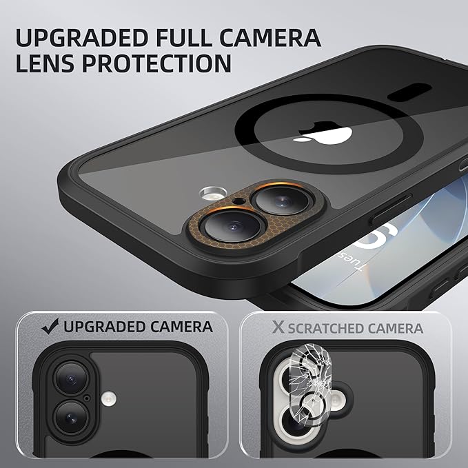 BERFY for iPhone 17 Case, Compatible with MagSafe, Built-in Glass Screen Protector, Camera Protection, Shockproof Full Body Phone case 6.3", Clear Black