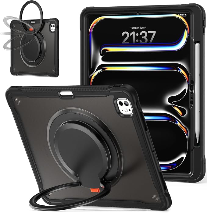 Batianda for iPad Pro 11 inch Case 2025 M5 2024 M4 Chip Lightweight Dual-Layer Protective Tablet Cover, Durable Shock-Absorbing Corners with 360° Rotating Kickstand Ring Built-in Pen Slot, All Black