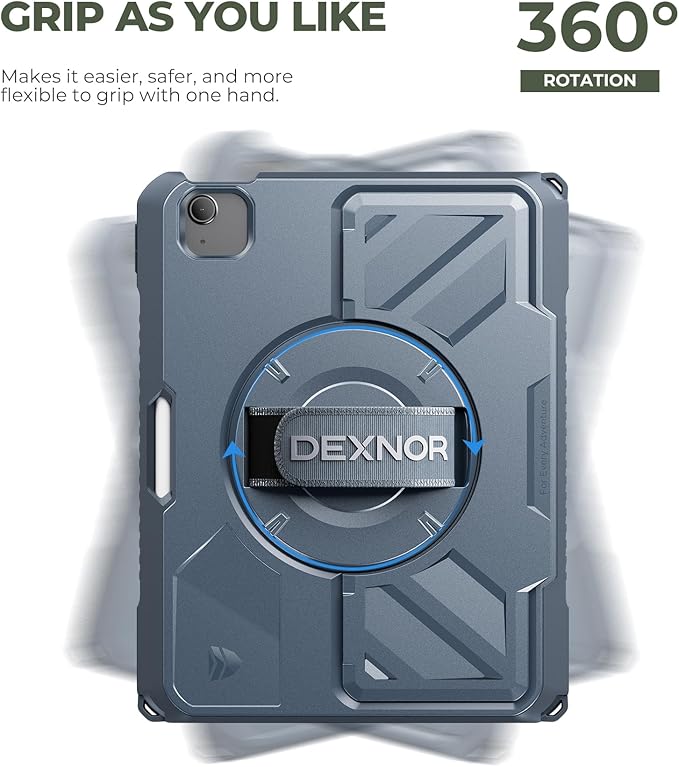 Dexnor Case for iPad Air 11 inch M4/M3/M2, iPad Air 5th/4th Generation 10.9 inch Rugged Case with 360° Rotating Hand Strap & Stand & Screen Protector & Pencil Holder Shockproof Full-Body Cover, Blue