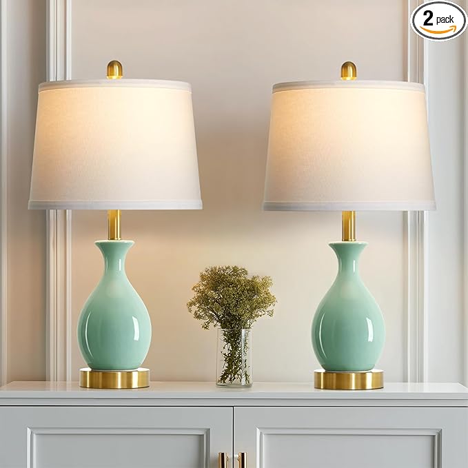 24″ Sage Green Ceramic Table Lamps Set of 2, Modern Classic Bedside Lamps for Bedroom Nightstand, Small Table Lamp for Living Room Side Table (2 LED Bulbs Included)