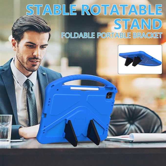 for iPad Pro 12.9 inch Kids Case 6th/5th/4th/3rd Generation (2022/2021/2020/2018) with Kickstand/Pencil Holder/Handle Stand Lightweight Soft EVA Shockproof Heavy Duty Protective Cover, Blue
