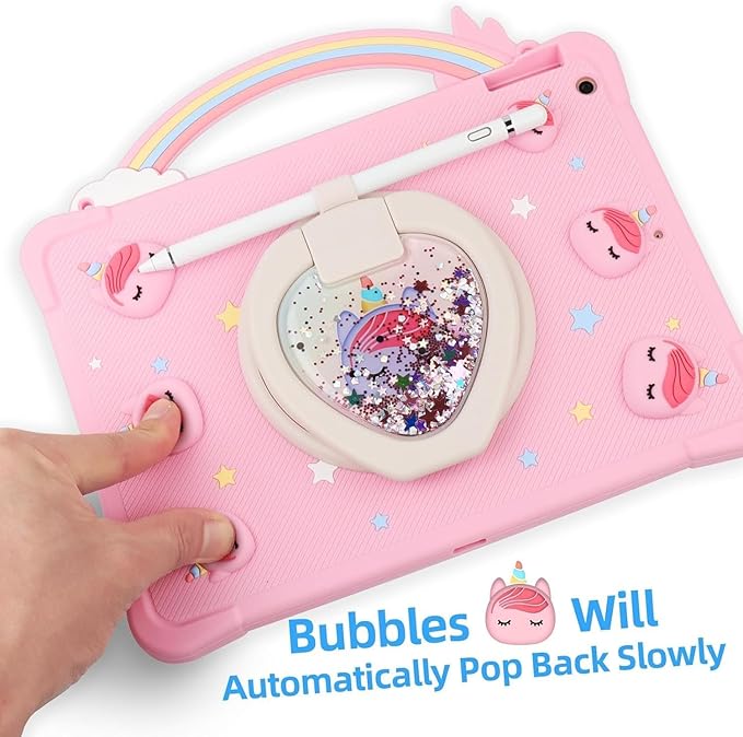 [Super Cute Rainbow Unicorn Case] Kids Case for iPad 9.7'' Air 1st Gen/iPad 5 2016 Model Case Cover for Kids Girls with Hand Strap and 360° Rotating Stand - Pink