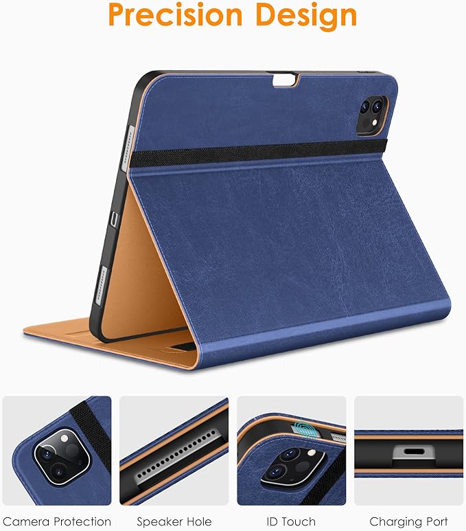 DTTO for iPad Pro 12.9 6th / 5th / 4th / 3rd Generation Case 2022/2021/2020/2018, Leather Folio Stand Cover with Built-in Apple Pencil Holder -Auto Wake/Sleep and Multi Viewing Angles, Navy Blue