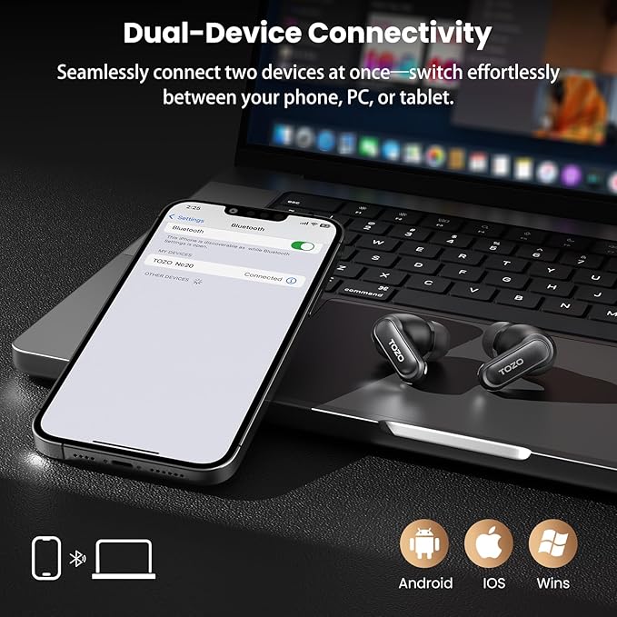 TOZO NC20 Active Noise Cancelling Wireless Earbuds, LDAC Hi-Res Sound Bluetooth Headphones, 6 Mics AI Call Ear Buds 80H Playtime, Dual Pairing, 32 EQ via App, IPX8 Waterproof, Wireless Charging Case