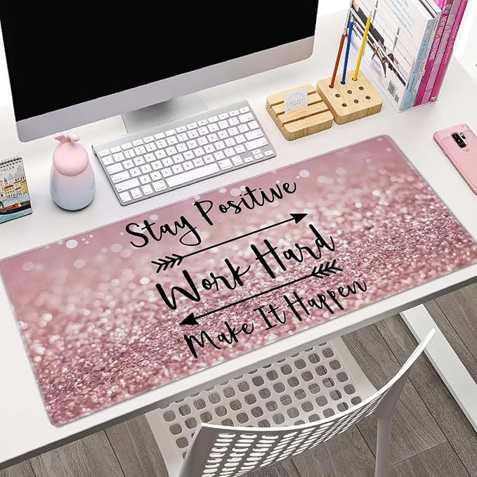 Inspirational Quotes Gaming Mouse Pad, Large Mouse Pads for Desk, Non-Slip Rubber Base Mousepad, Desk Pad with Stitched Edges, 31.5x11.8inch, Stay Positive Work Hard and Make It Happen