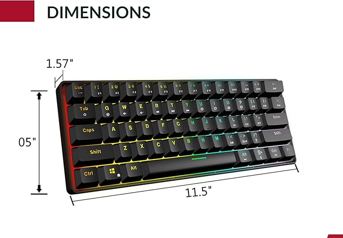 GK61 Mechanical Gaming Keyboard - 61 Keys Multi Color RGB Illuminated LED Backlit Wired Programmable for PC/Mac Gamer (Gateron Optical Black, Red)
