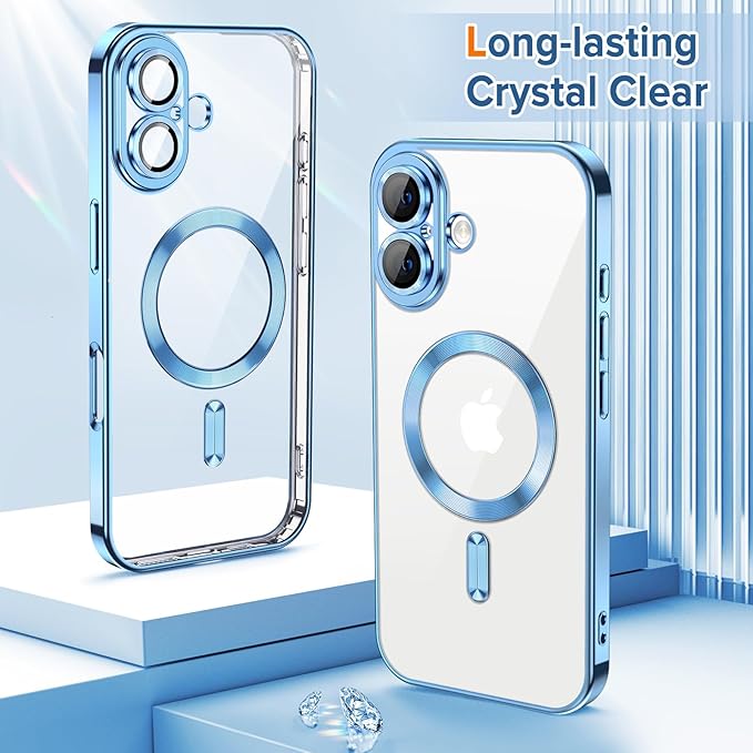 Hython Magnetic Clear for iPhone 16 Case with Camera Lens Protector [Compatible with MagSafe] Luxury Plating Edge Slim Soft TPU Cover Protective Phone Case for iPhone 16 6.1", Light Blue