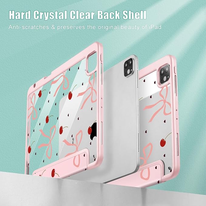 Mektron Case for iPad Pro 11 inch (4th, 3rd, 2nd & 1st Gen) 2022 2021 2020 2018, Buit in Pencil Holder with Shockproof Cover Clear Shell + Auto Wake/Sleep, Pink Bows-Hearts