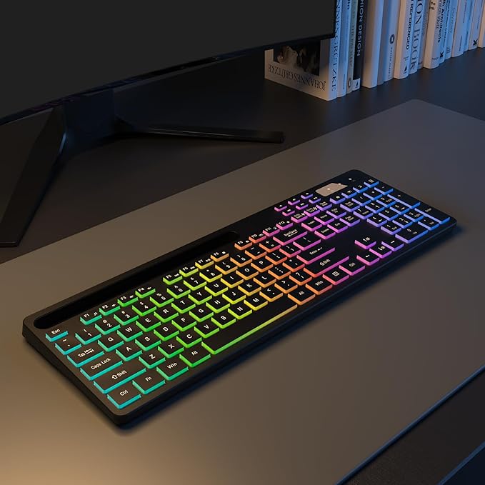 Soueto Wireless Keyboard with 7-Color RGB Backlit, Full-Size Computer Keyboard with Phone Tablet Holder, 2.4G Rechargeable Gaming Keyboard with Light Up Keys, Compatible with Mac, Windows (Black)