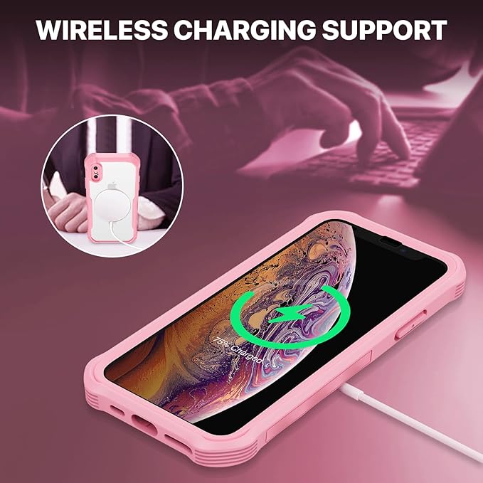 CENHUFO Magnetic Privacy for iPhone X Case/iPhone Xs Case, Full Body Phone Case Built-in 9H Tempered Glass Privacy Screen Protector [Compatible with Magsafe] Shockproof Bumper Clear Cover - Pink