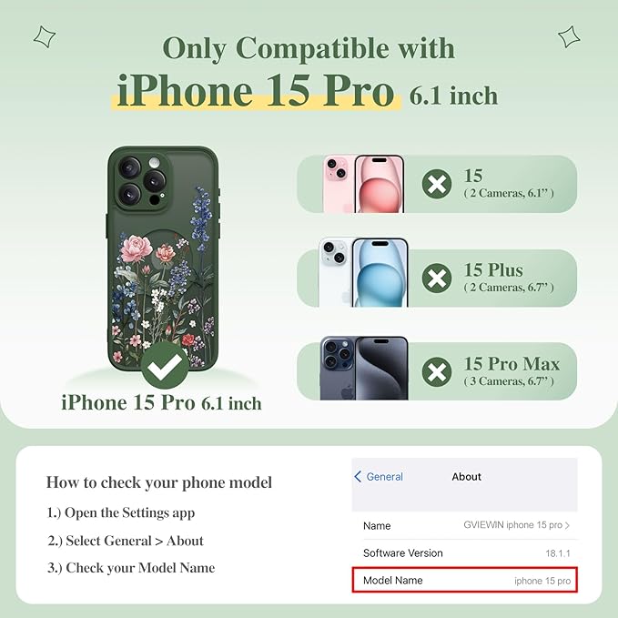 GVIEWIN for iPhone 15 Pro Case Compatible with MagSafe, [Military Grade Protection] [Screen Protector] Full Camera Protection Floral Translucent Women Magnetic Phone Case, Lush Garden/Forest Green
