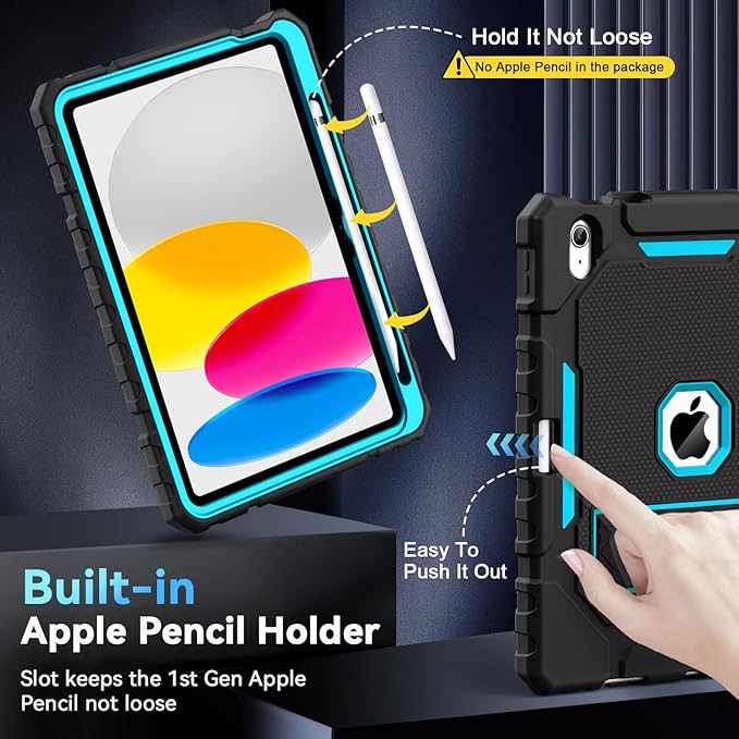 Grifobes for iPad A16 Case 11th Generation 11 inch 2025 / iPad 10th Generation Case 10.9 inch 2022, Heavy Duty Military Grade Shockproof Cover with Pencil Holder for i Pad 11/10 (Black+SkyBlue)