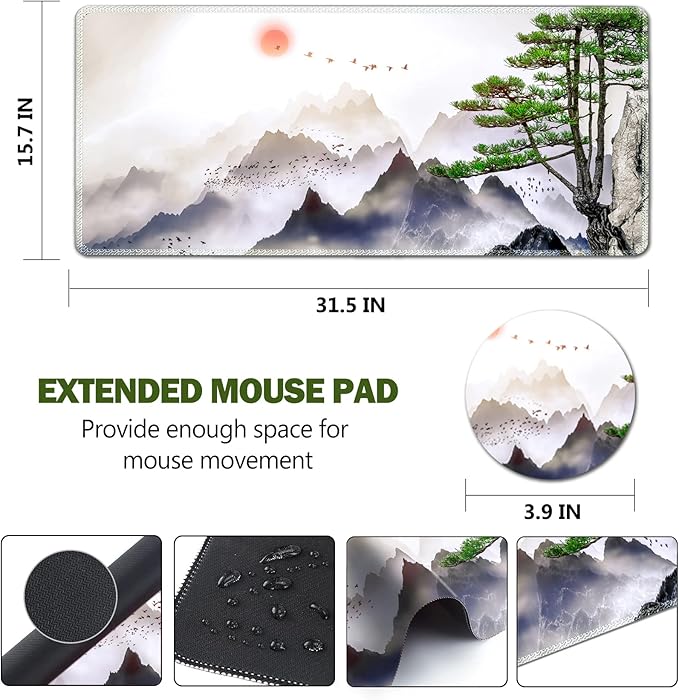 Large Gaming Mouse Pad, AIMSA Extended Mouse Pad with Stitched Edge, XL Keyboard Mouse Mat Non-Slip Rubber Base Desk Pad 31.5x15.7inch for Office Home Game Work -Pine Tree Mountains
