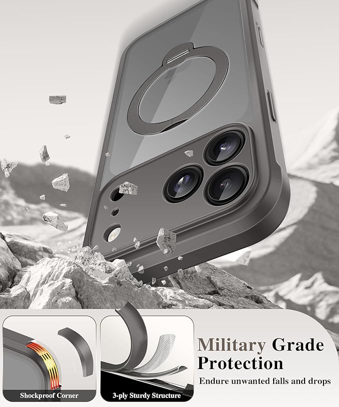 BERFY for iPhone 17 Pro Max Case, Compatible with MagSafe, Built in Privacy Screen Protector, Shockproof Full Body Phone Case for 17 Pro Max with Magnetic Stand, Clear Grey