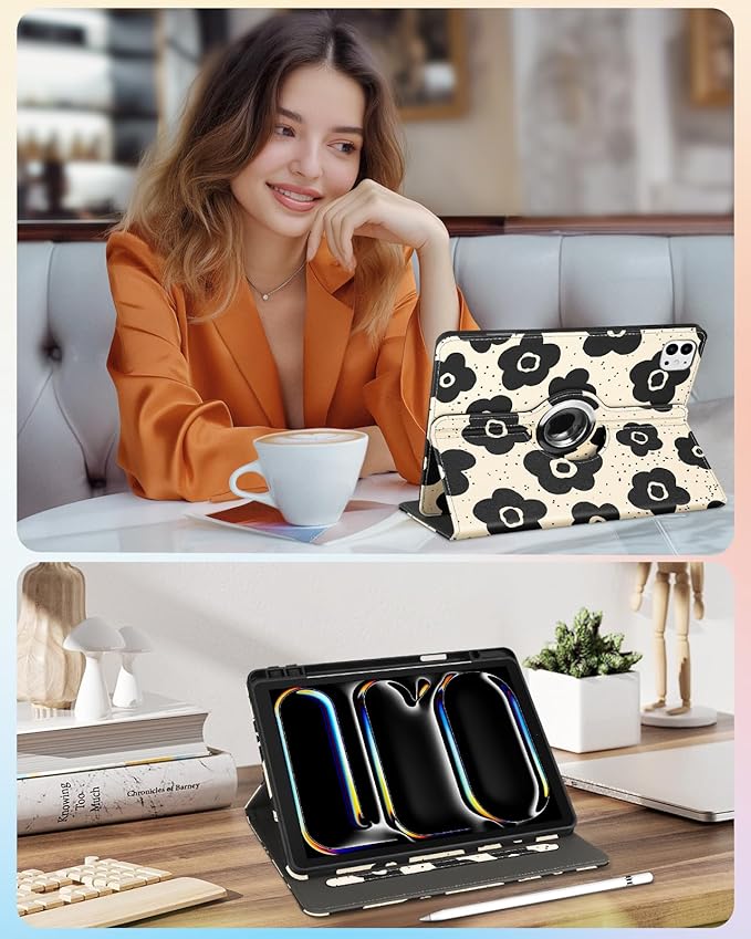 Kidcube for iPad Pro 13 Inch Case M4 2024 - Women Girls Cute Rotating Stand Folio Cover with Pencil Holder & Card Slot Black Floral Flowers Design for iPad Pro 13 Inch Case 2024 (A2925 A2926 A3007)