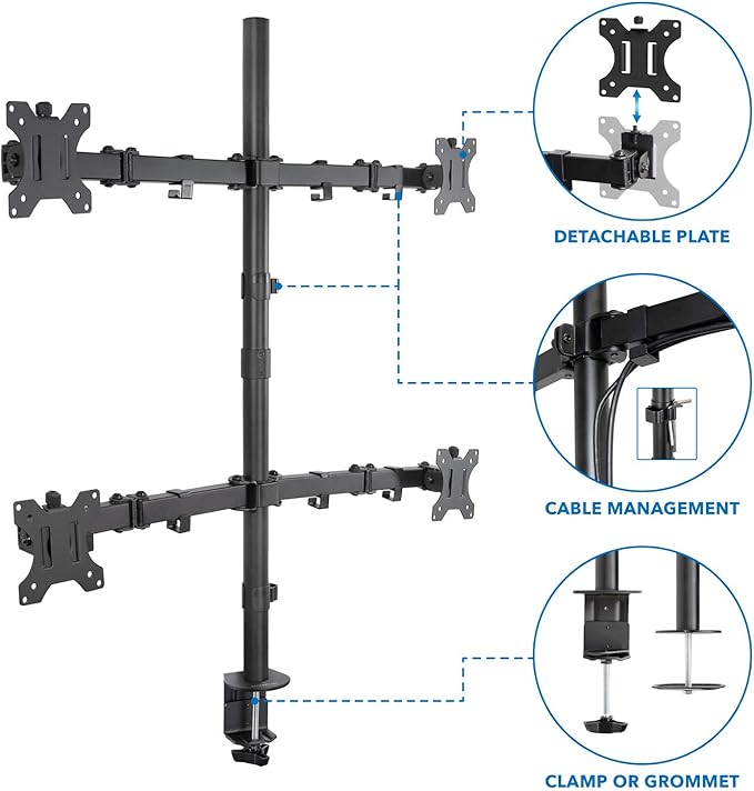 Mount-It! 4 Monitor Stand for Desk | Quad Monitor Desk Mount with Height Adjustable Pole | Fits Four 13–32 Inch Screens, VESA 75x75 & 100x100, Tilt Swivel Rotate, Clamp or Grommet Base