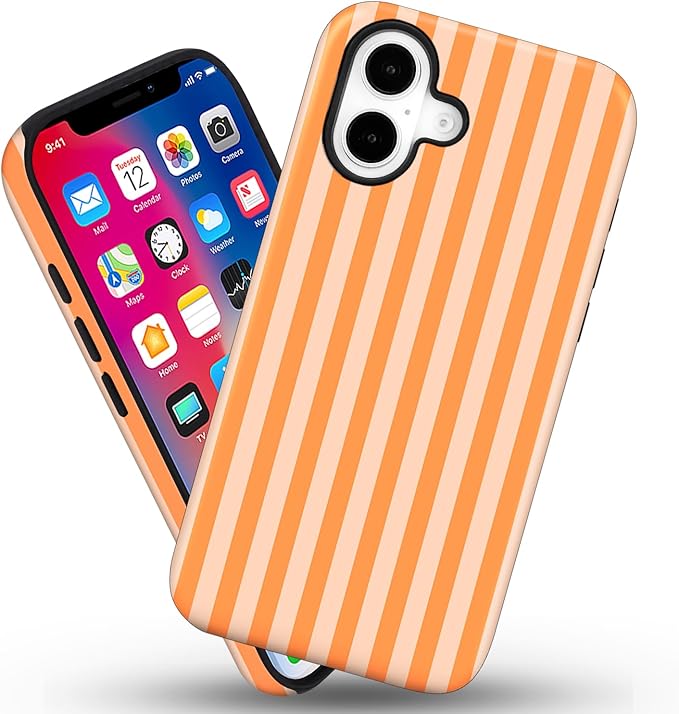 Magnetic for iPhone 16 Case Cute Stripes Phone Case, Shockproof Slim TPU and Hard PC Protective Phone Cover Compatible with MagSafe Designed for Women Girls, Orange