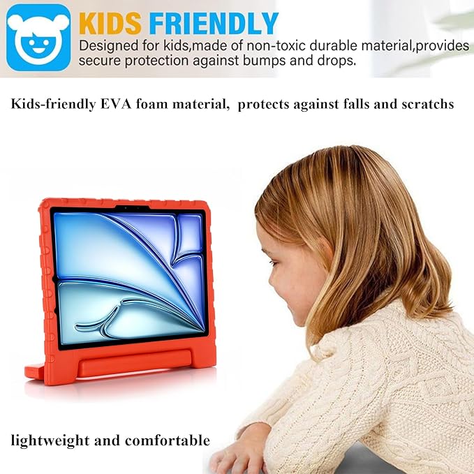 for iPad Air 11-inch Case M3/M2 (2025/2024) for Kids with Pencil Holder/Kickstand, Anti-Slip Handle Stand Lightweight Soft EVA Foam Shockproof Rugged Bumper Tablet Protective Cover, Red