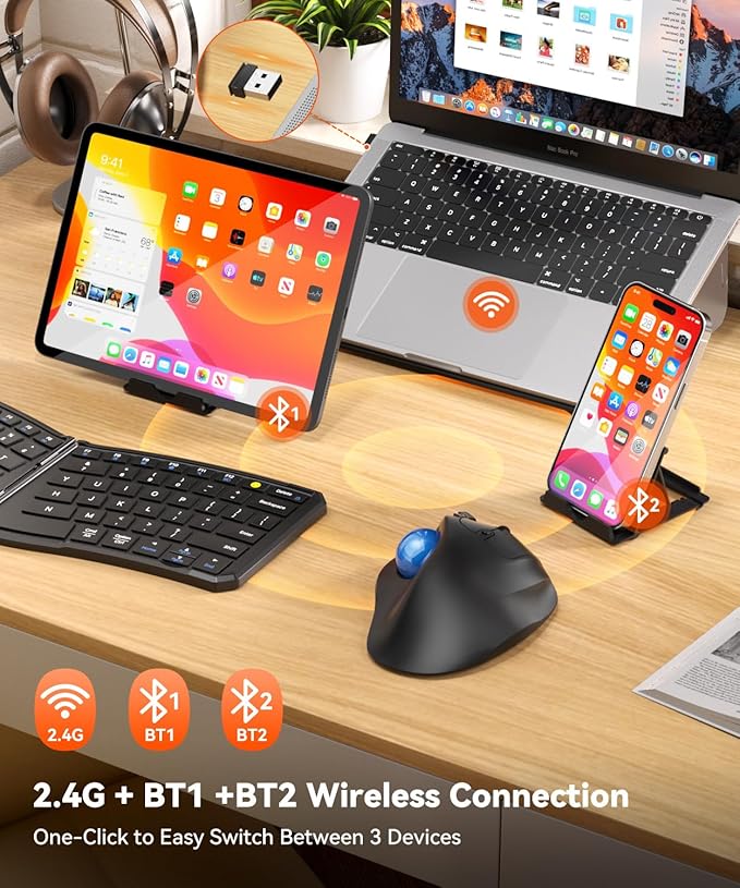 Ergonomic Wireless Trackball Mouse, 3 Device Connection (Bluetooth or 2.4G USB Receiver) Bluetooth Quiet Computer Mouse, 2*AAA Battery Thumb Laptop Mice with 5 Level DPI for PC/Laptop/Mac/Windows Blue