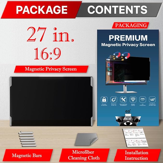 27 Inches Magnetic Computer Privacy Screen Filter | Privacy Shield | Anti Glare | Anti-Blue Light | Eye Protection | Snap On | Widescreen 16:9 Edge-To-Edge Monitor Protector
