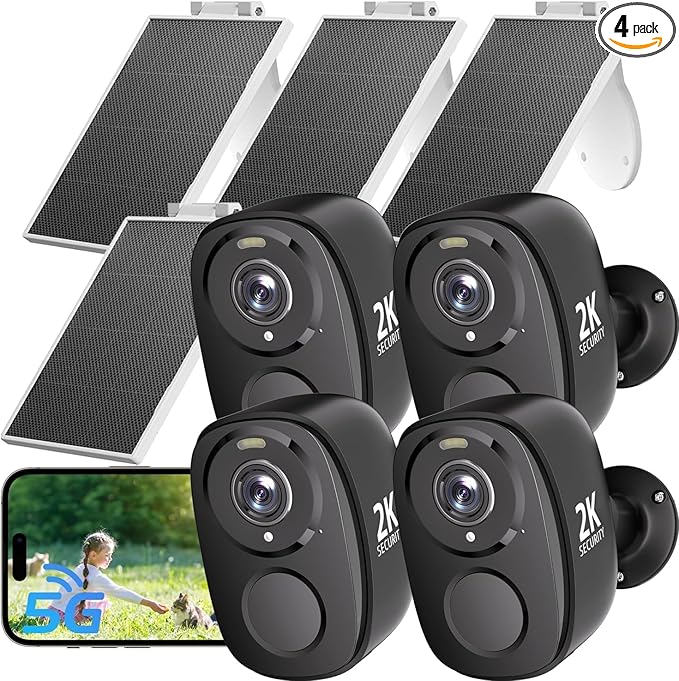 ELECCTV 5G/2.4G WiFi Solar Security Cameras Wireless Outdoor, 2K Solar Cameras for Home Security with AI Motion Detection, Color Night Vision, Siren, 2-Way Audio, Works/Alexa,IP65 Waterproof,4-Cam Kit