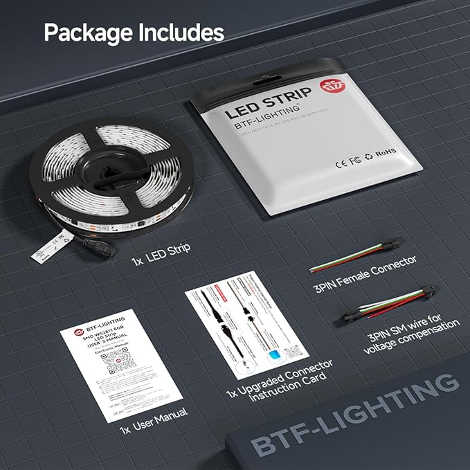 BTF-LIGHTING UL Listed WS2811 IC=RGB+IC Addressable Color RGB LED Strip,16.4FT 60LED/m 10Pixels/m,IP65 White PCB Flexible DC12V Chasing Effect for Indoor Home Decor,3M Tape(No Adapter or Controller)