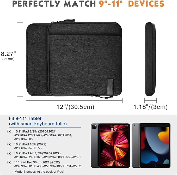 MoKo 9-11 Inch Tablet Sleeve Bag Carrying Case with Storage Pockets Fits New 11-inch iPad Air M4 2026/iPad Pro M5, iPad Pro/A16 11, iPad Air 5/4th 10.9, iPad 9/8th 10.2, Tab S8/S9 11,Black & Gray