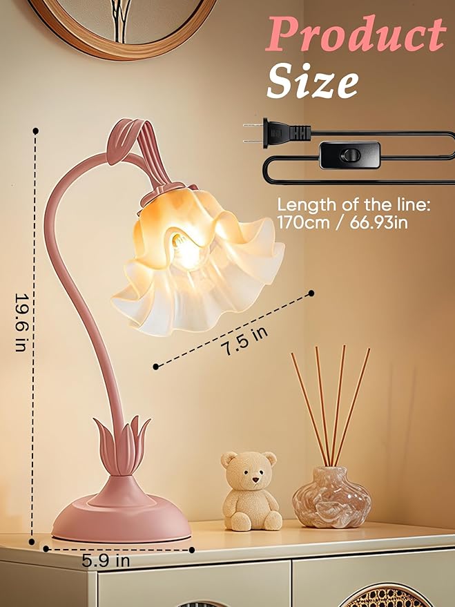 Mothers Day Gifts, Flower Table Lamp, LED Reading Light Vintage Bedside Lamps, 3 Color Modes Kawaii Nightstand Lamp, Flower Table Lamps for Bedroom Living Room Home Decoration(Pink lamp)